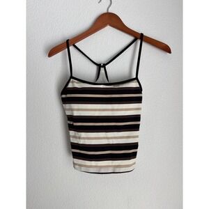 Jag Women Striped Racerback Tank Top Built-In Padded Shelf Bra Black Brown Tan M